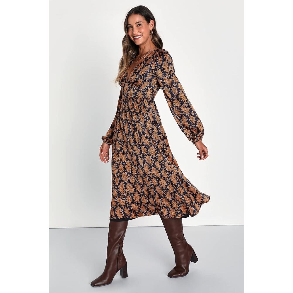 Lulus Floral Midi Dress Black Orange Print Size M NWT Balloon Sleeve Wedding - Picture 2 of 10